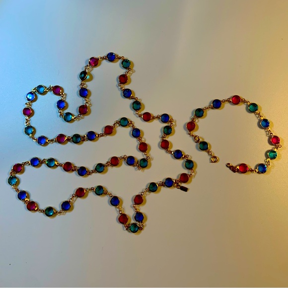 SWAROVSKI NECKLACE BRACELET GOLD PLATE AUSTRIAN CRYSTAL BLUE PINK GREEN 36" VTG - Picture 3 of 10